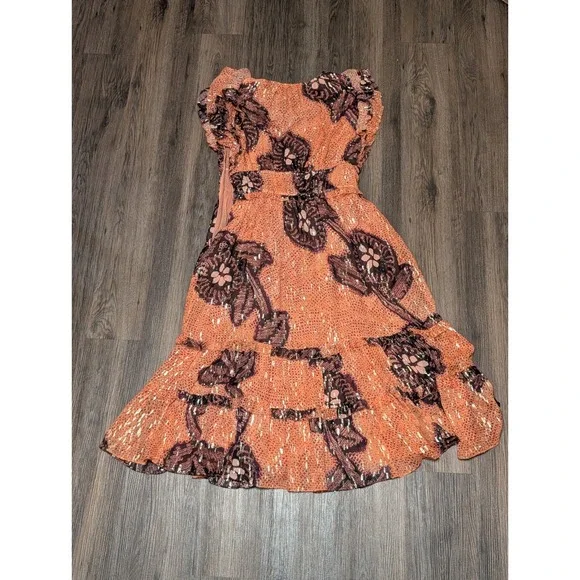 Ulla Johnson Akira Midi Dress Coral Metallic Printed Chiffon Size 8